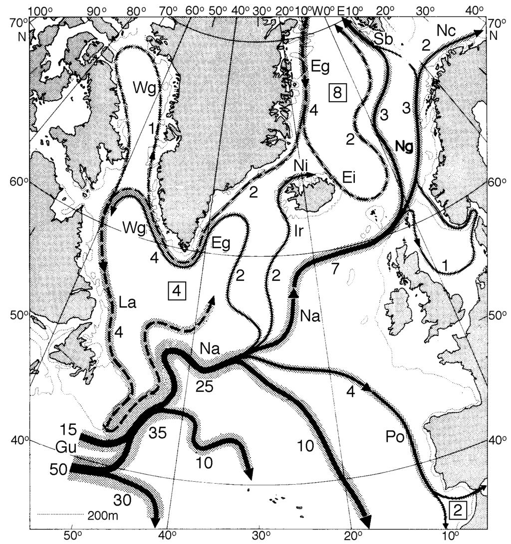 11.4. OBSERVED CIRCULATION IN THE ATLANTIC 203 Figure 11.9 Detailed schematic of currents in the North Atlantic showing major surface currents.