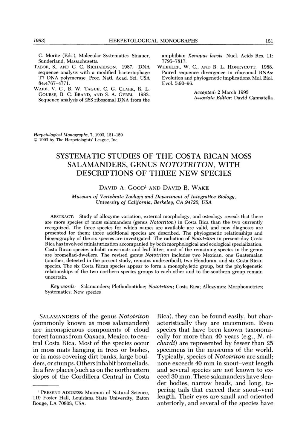 1993] HERPETOLOGICAL MONOGRAPHS 131 C. Moritz (Eds.), Molecular Systematics. Sinauer, Sunderland, Massachusetts. TABOR, S., AND C. C. RICHARDSON. 1987.
