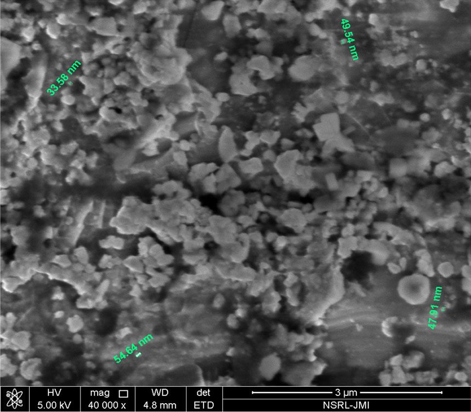 Average particle size is *46.4 nm. Figure 6 shows the FESEM image of SnS film deposited from 0.05 M cationic bath.