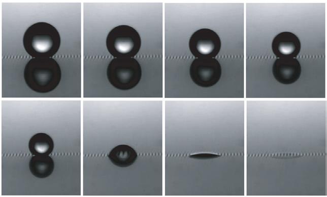 M. Reyssat et al. Fig. 1: Evaporation of a water drop sitting on a hydrophobic surface decorated with pillars (visible in the photos) of diameter d =3µm, height h =4.8 µm and distance l =17µm.