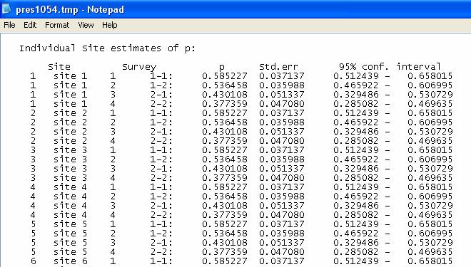 OK, now let s run our second model. MODEL ψ(.)ε(.)γ(.)p(.) In this model, we estimate ψ, ε 1, γ 1, and set p as constant across all occasions.