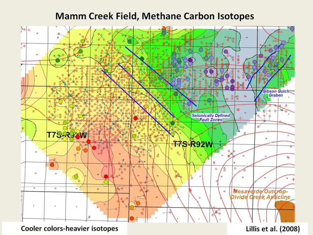 Presenter s notes: Carbon isotopes in produced methane gas show significant changes across the same seismically defined