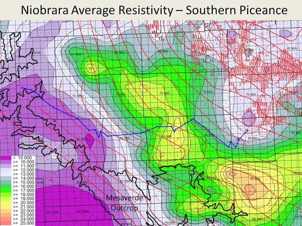 Presenter s notes: Average Niobrara resistivities are shown by the color-filled contours (the legend for the resistivity values is shown in the lower left).
