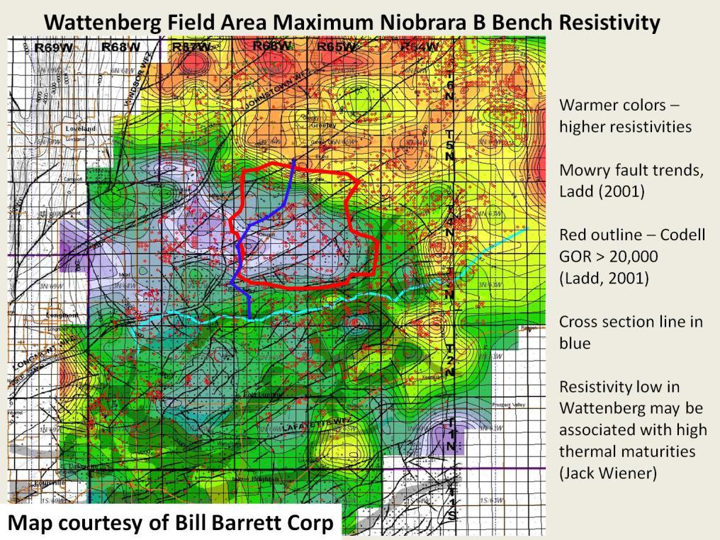 Presenter s notes: Color-filled contours show maximum resistivities of the B bench of the Niobrara.