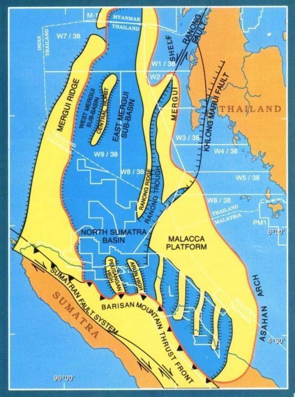 TECTONIC SETTING INTRODUCTION The Mergui North Sumatera basin is bounded by convergence of Mergui Ridge with continental crust of Sunda Craton to the north, Asahan Arch to the east, Barisan Mountain