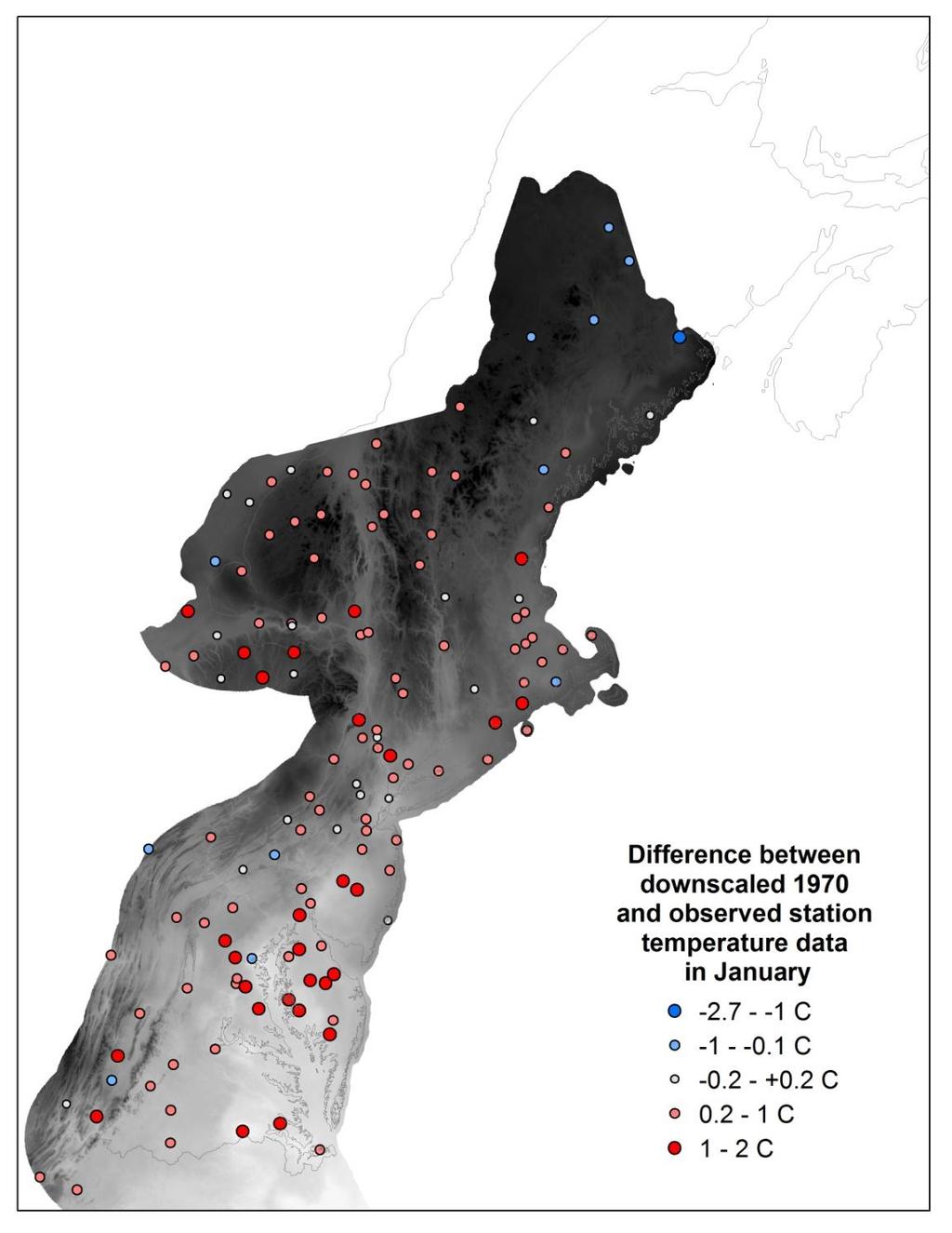 Figure 9. Spatial distribution of residual differences between downscaled temperature projections in January for the 1970 timestep and observed weather station data across the NALCC.