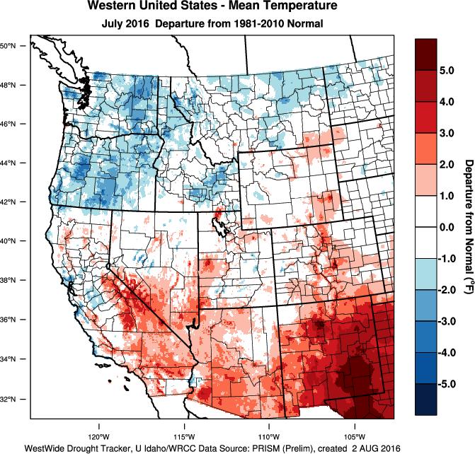 Weather and Climate Summary and Forecast Summer 2016 Gregory V. Jones Southern Oregon University August 5, 2016 The month of July saw the continued flip, flop of the western US temperatures.