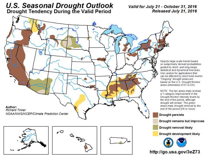 The US seasonal drought outlook forecasts that the driest regions in California, Nevada and eastern Oregon will likely persist through the end of October and beyond, while drought development is