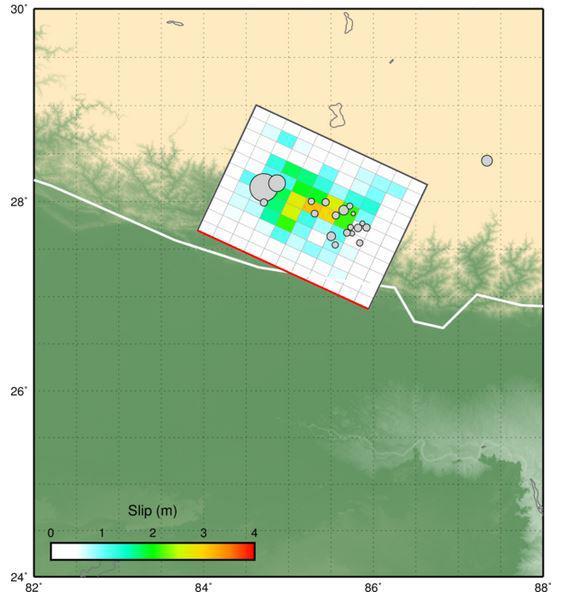 The maps below plot the surface projection of the slip distribution for both the April 25 M7.8 earthquake and this May 12 M7.