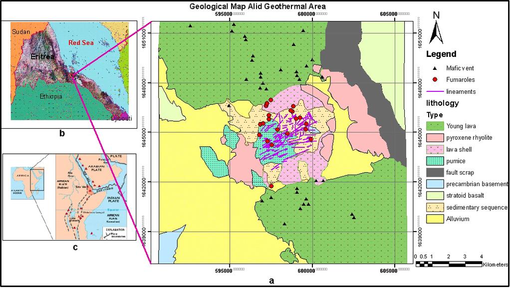 Figure 1: Geological map of Alid geothermal area (a) (modified from Clynne et al. 1996), Map of Eritrea (b), east African rift system (c). 3.
