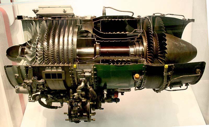 Fig. 3. 5. J85-CE-17A General Electric turbojet engine (http://en.wikipedia.org ). As the gas turbine propulsion system employs a compressor, Fig. 3. 2, the high pressure and high temperature combustion products are mechanically expanded through a turbine that results in the reduction in total pressure and total temperature.