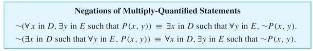 Negations of Multiply-Quantified Statements We apply these laws to find ( x in D, y in E such that P(x, y)) by moving in stages from left to right along the sentence.