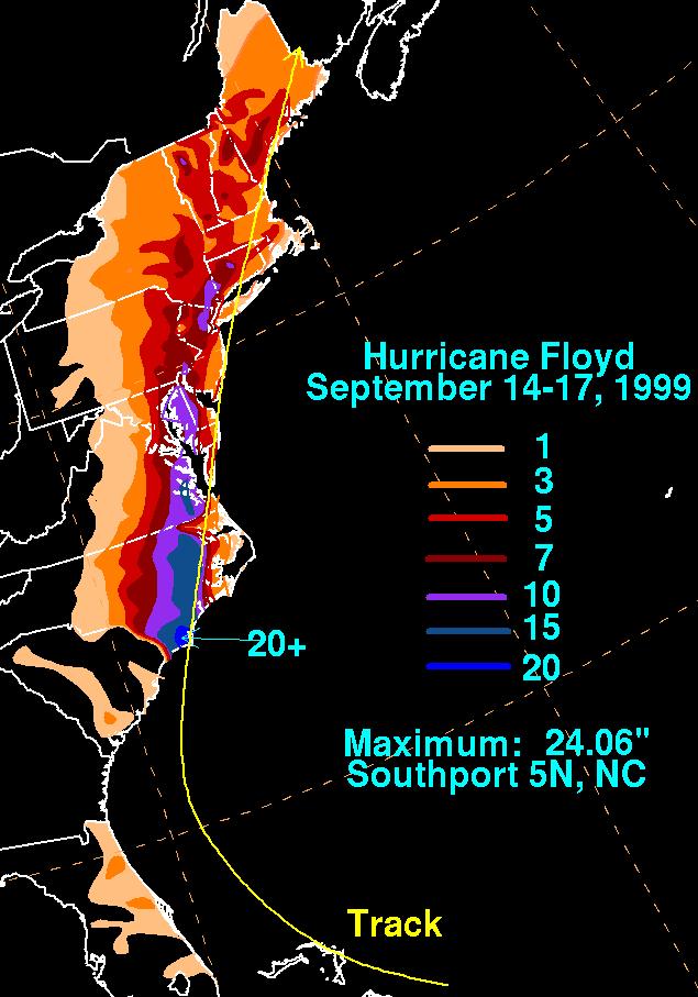 Heavy rain with Hurricane Floyd caused major flooding and over $8 billion in damage across eastern NC,