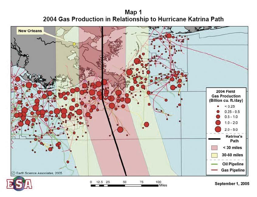 2004 Oil Production in Relationship to Hurricane Katrina Path.