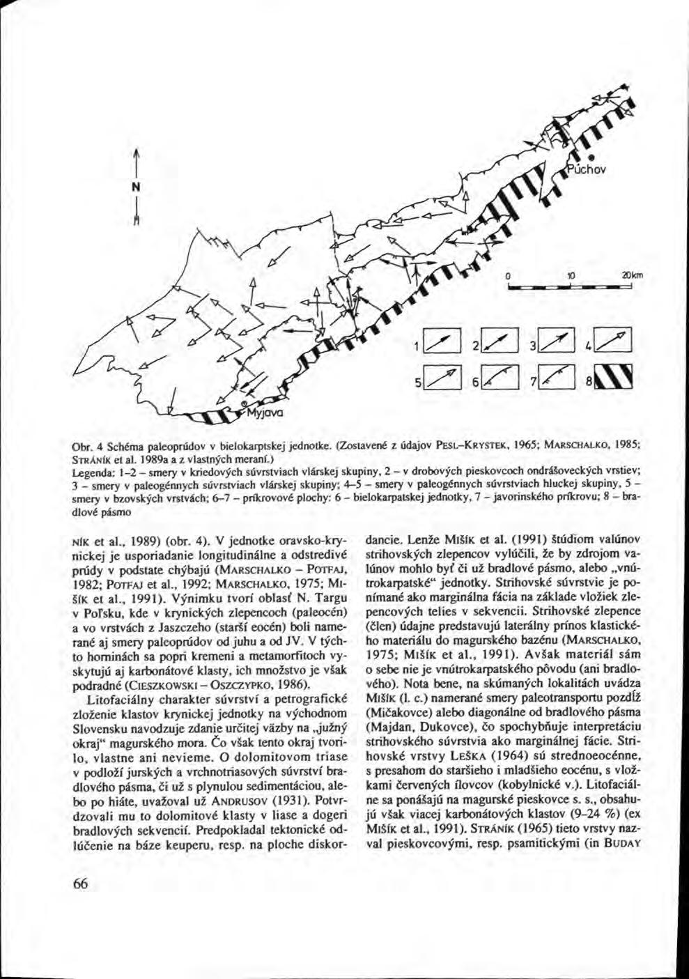 20 km Z] 20 30 5Z\ m m «K5 Obr. 4 Schéma paleoprúdov v bielokarptskej jednotke. (Zostavené z údajov PESL KRYSTEK, 1965; MARSCHALKO, 1985; STRANÍK et al. 1989a a z vlastných meraní.