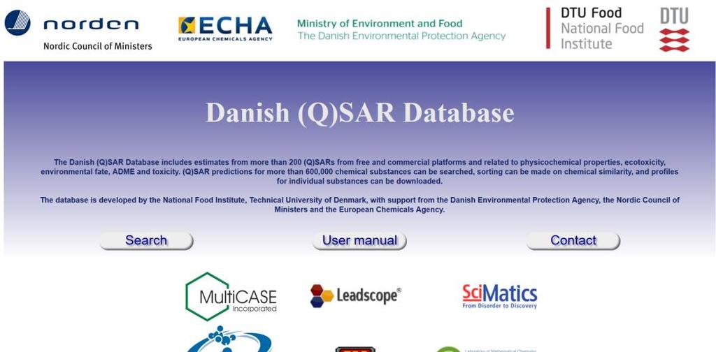 An overview of some commonly used QSARs 1. Danish QSAR Database Estimates from more than 200 (Q)SARs from free platforms (e.g. EPISuite) and commercial platforms (e.g. SciQSAR, LeadScope and others).