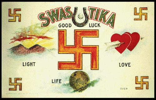 Figure 1d shows a postcard utilizing the ancient good-luck symbol in 1907. The text on the back of the postcard states: GOOD LUCK EMBLEM. The Swаstikа is the oldest cross and emblem in the world.