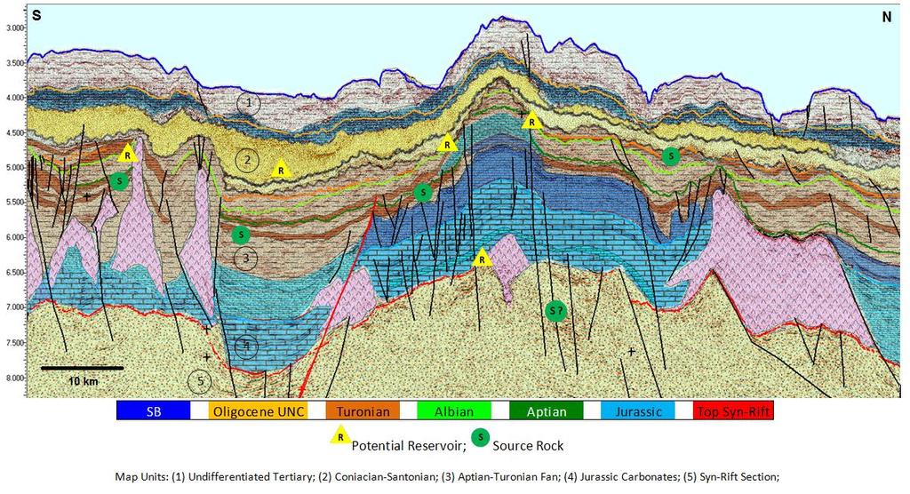 platform areas are seen on the shelf with total sediment thickness (syn- and post-rift) up to 12000 m in places.