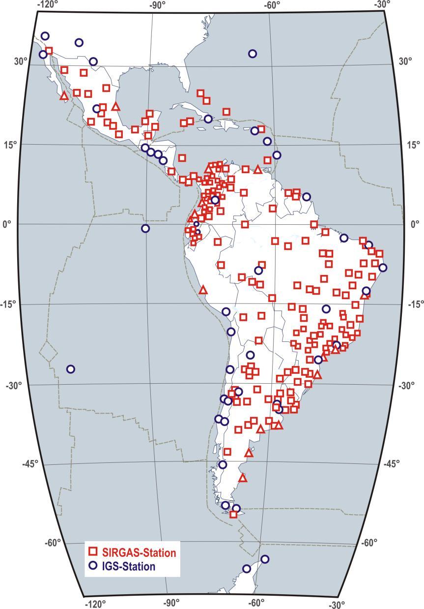 The SIRGAS Continuously Operating Network: SIRGAS-CON 242 stations, 48 of them are IGS (i.e. ITRF) sites; Distribution of the stations in hierarchic networks (one core network and many densification