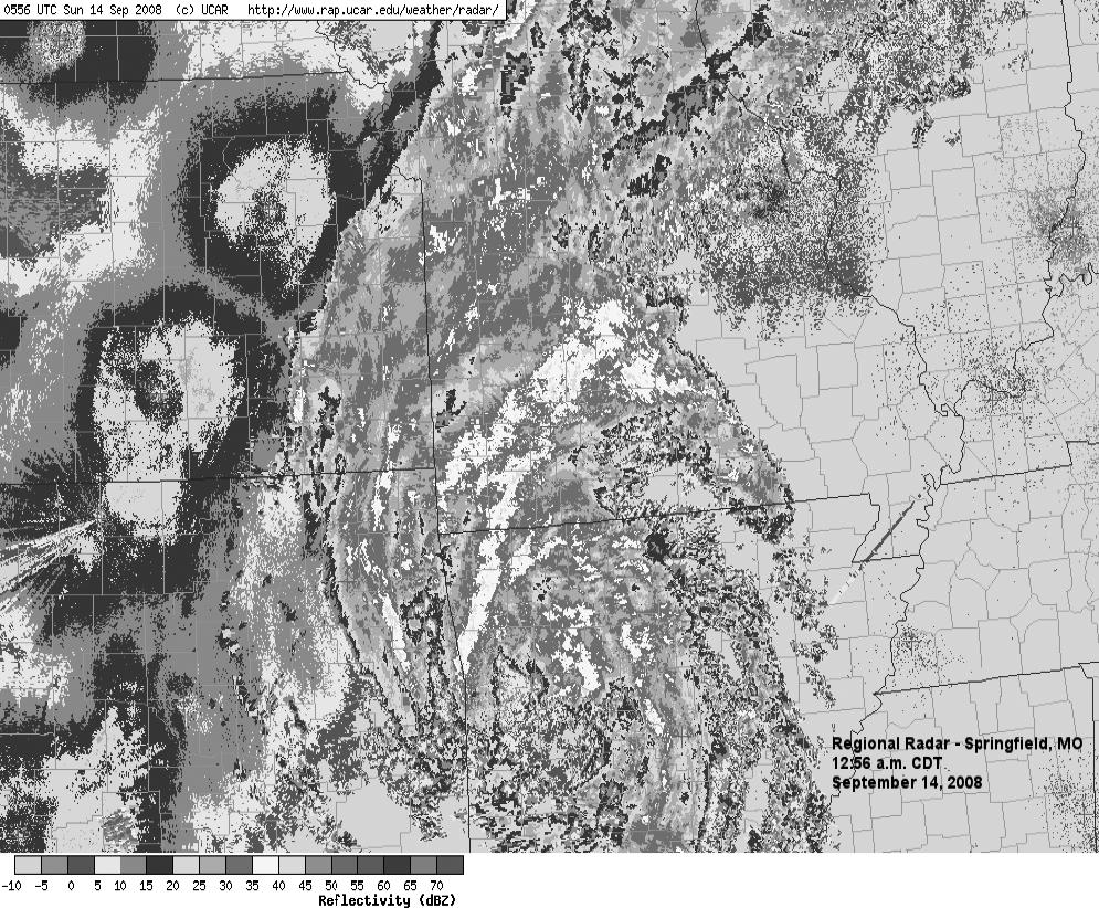 10 MISSOURI ACADEMY OF SCIENCE: MOON et al. Figure 11. The radar image from the SpringÞeld, National Weather Service OfÞce from 0600 UTC 14 September, 2008.