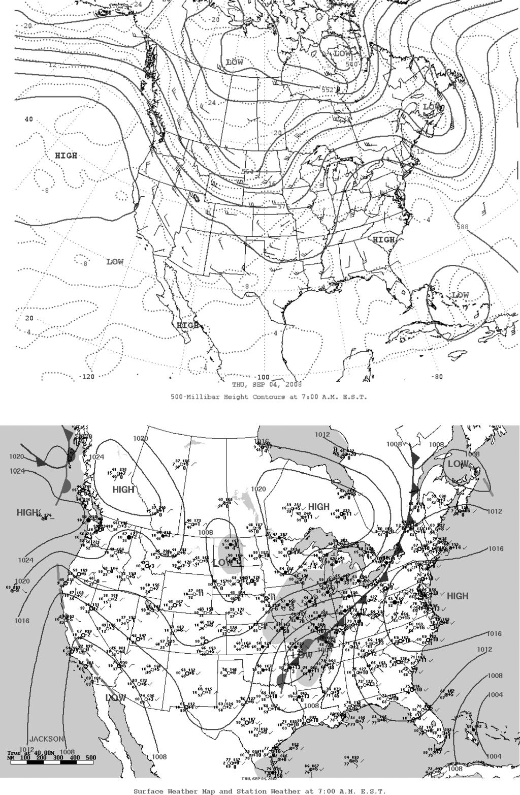 4 MISSOURI ACADEMY OF SCIENCE: MOON et al. Figure 2. The 500 hpa (top) and surface map (bottom) for 1200 UTC 4 September 2008. tropical depression (Fig. 2).