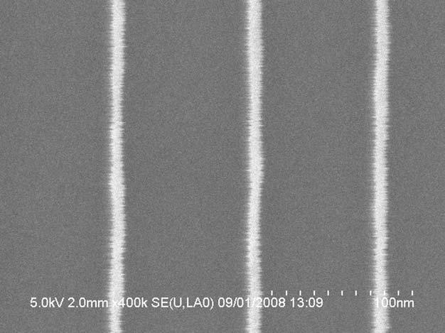 110 3 Nanofabrication by Charged Beams Fig. 3.25 Sub-10 nm lines exposed in HSQ resist (Reprint courtesy of NanoBeam Ltd. [52]) form of silicon dioxide from Dow Corning.