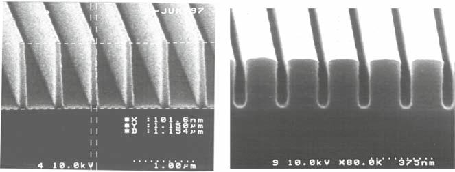 114 3 Nanofabrication by Charged Beams (a) (b) Fig. 3.29 (a) AZPN114 resist profiles (100-nm lines with aspect ratio 11:1).