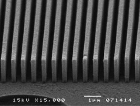 172 5 Nanofabrication by Replication Fig. 5.10 High-aspect-ratio pattern imprinted using double-layered polymer process. Top layer: PMMA (M w = 15 k), 0.7 mm; base layer: PMMA (M w = 996 k), 1.