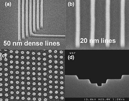 186 5 Nanofabrication by Replication Fig. 5.21 (a) 50-nm dense lines, (b) 20-nm lines with fine line edge, (c) 60-nm dense dots, and (d) imprinted 3D structure (Reprint from [53] with permission) what the shape of template is.