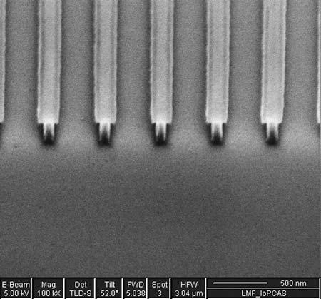 11a shows chrome metal pattern in which each metal line is separated by 50-nm gap which is formed by lift-off of HSQ/PMMA resist