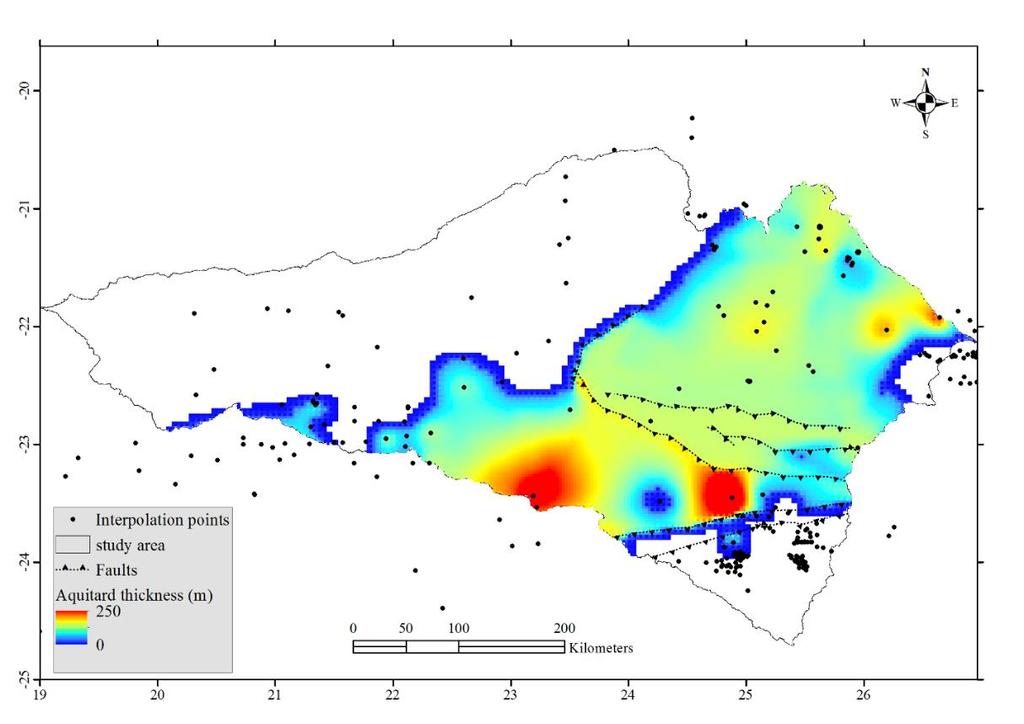 RESULTS & DISCUSSION CONT Hydrostratigraphy, aquifer spatial distribution & aquifer parameters 4: Central Kalahari Basin Aquitard (CKB Aquitard) Spatially variable permeability.