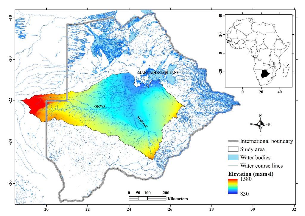 STUDY AREA AND DATA LOCATION & PHYSOGRAPHY CKB with ~181,000 Km 2 in Botswana and ~14,000 km 2 in Namibia. Large-scale hydrogeological basin.