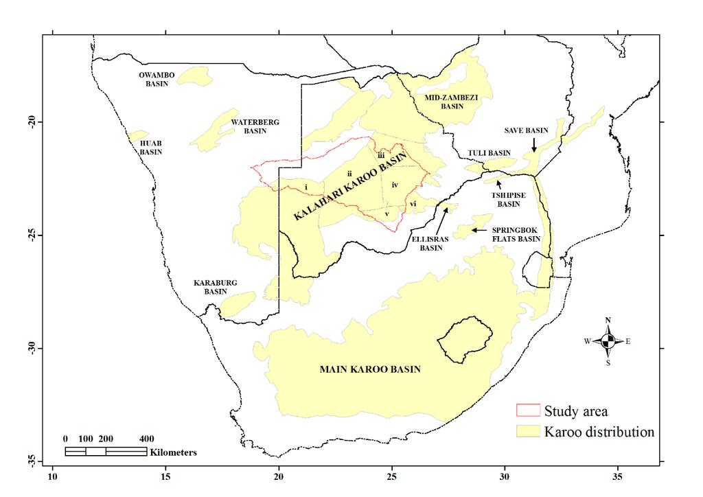 STUDY AREA AND DATA CONT GEOLOGY Karoo Basin occurring in majority of CKB. Basin type filled with sedimentary and volcanic rocks from Paleazoic to Mesozoic.