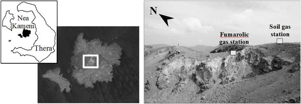 THE MAY 2012 EXPLORATIVE SURVEY According to previous studies, Nea Kameni fumaroles are made up to a large extent of heated atmospheric air and CO 2, with minor constituents (CH 4, H 2, CO) present