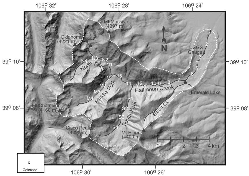 Figure 1. Location map of study sites within the Halfmoon Creek basin generated from 10-m DEMs. Numbers represent the 27 study reaches. Note distinct lateral moraines downstream from site 7.