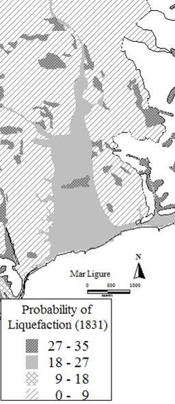 HAZUS approach: a) Liquefaction probability for 1887 scenario; b) Liquefaction probability for 1831 scenario; c) lateral spreading for 1831 scenario; d) ground settlement for 1831 scenario 5.