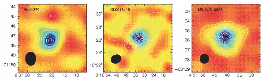 The Sunyaev-Zeldovich Effect SZ maps of three clusters at 0.37 < z < 0.55.