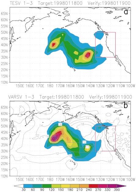 MAY 2002 GELARO ET AL. 1181 FIG. 13. Targeted observing locations in terms of vertically integrated energy of the three leading (a) TESVs and (b) VARSVs, weighted by their amplification rates.
