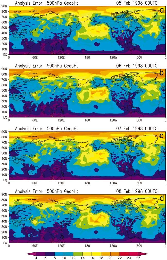 MAY 2002 GELARO ET AL. 1171 FIG. 2. Square root of expected value of analysis error variance in terms of 500-hPa geopotential height for 0000 UTC 5 8 Feb 1998, (a) (d), respectively.