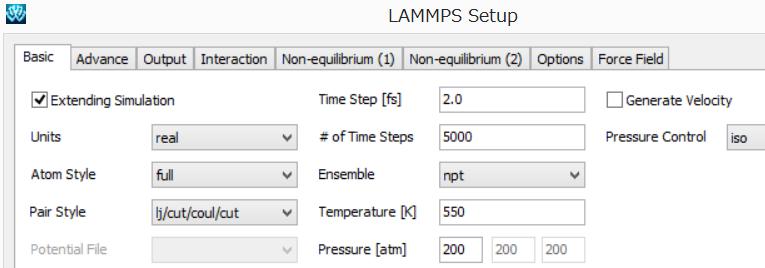 IV. Execute simulations 1. Equilibration (NPT, high pressure) 1. Click MD LAMMPS Keywords Setup. 2.