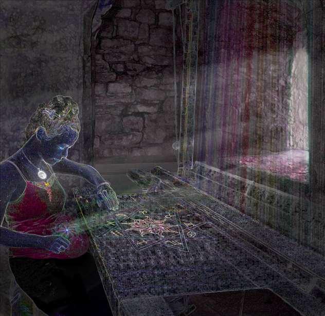 VIRGO DISCUSSION Francis Donald Here is a brief tour through this month's Virgo Full Moon image entitled "The Weaver": The archetypal Virgin Mother-goddess sits at her loom in her cave-like workroom