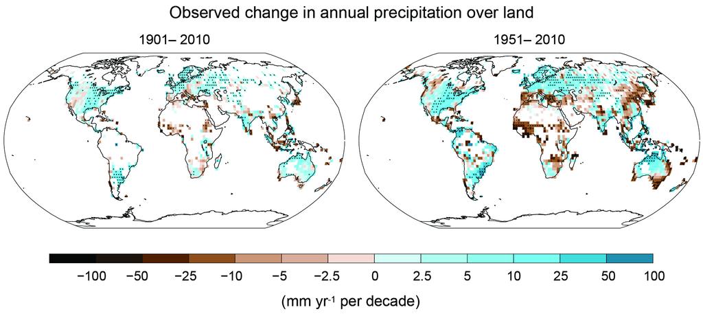 Maps of observed precipitation change from 1901 to 2010 and from 1951 to 2010 (trends in