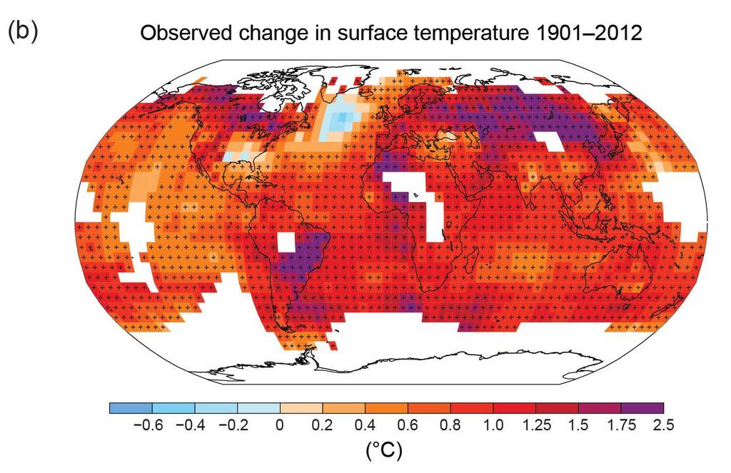 Map of the observed surface temperature change from 1901 to 2012 derived from temperature trends determined by linear regression from one dataset (orange line in panel a).