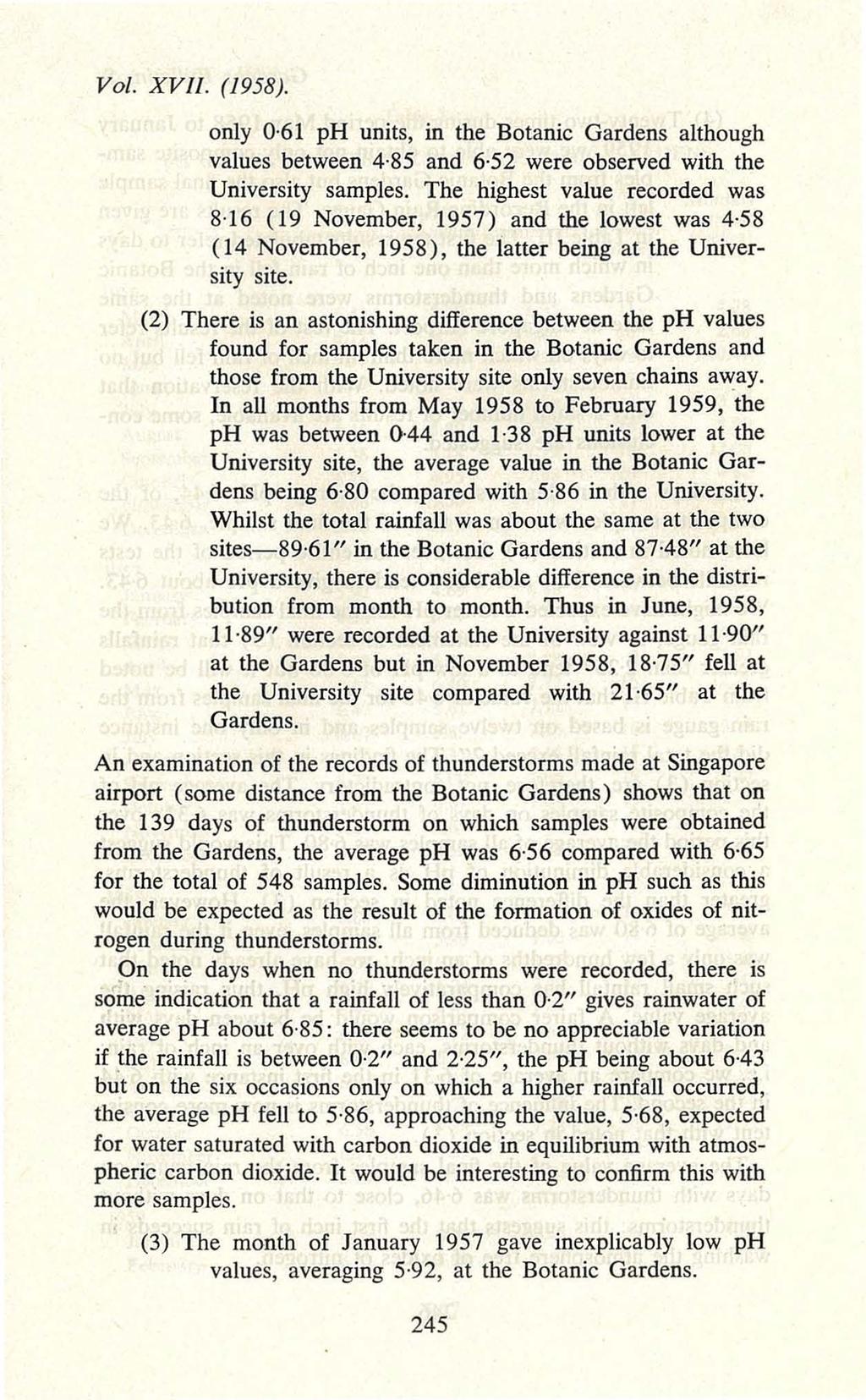 Vol. XVII. (1958). only 0 61 ph units, in the Botanic Gardens although values between 4 85 and 6 52 were observed with the University samples.