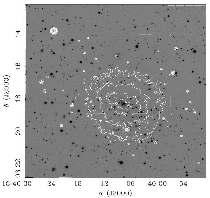 Fig. 1.1. An R band image of the inner 10 10 Abell 2104 along with X-ray contours from Chandra.