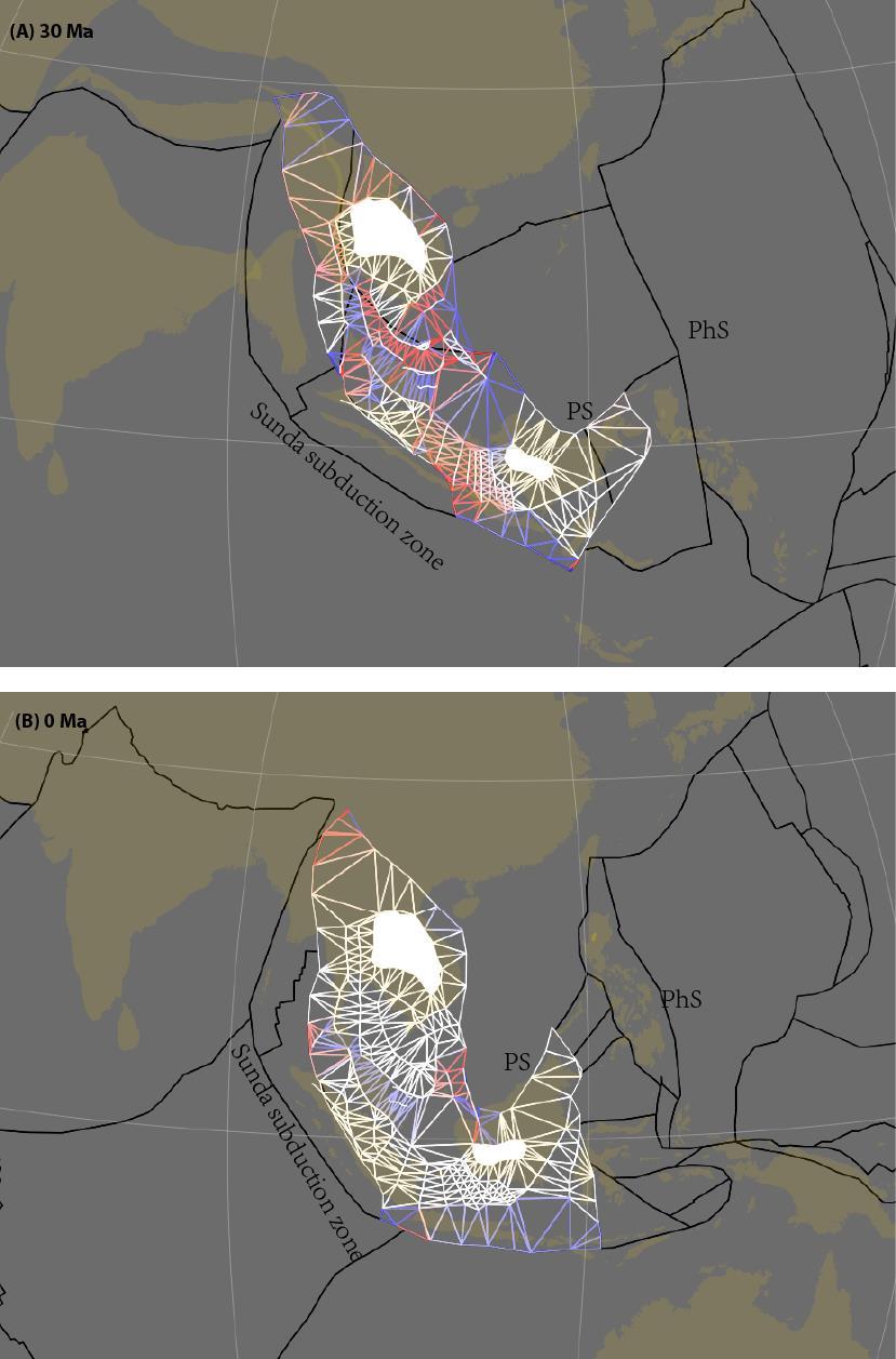 Fig. S2. Sundaland deforming network embedded into a global rigid reconstruction model. (A) At 30 Ma, rifting basins are widespread across Sundaland.