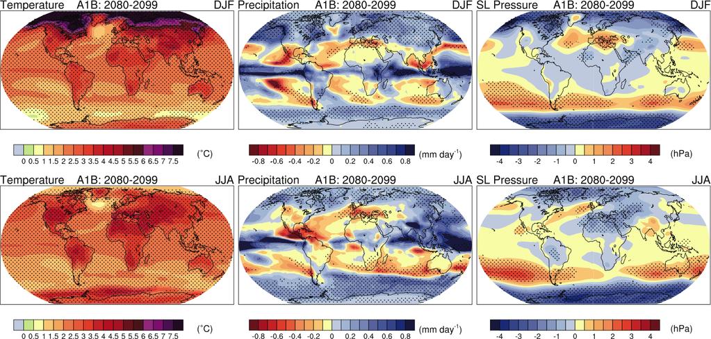 Projections from the IPCC Projected changes in winter (DJF) and summer (JJA) surface air temperature, precipitation and sea level pressure for the period 2080-2099, relative to 1980-1999 from an