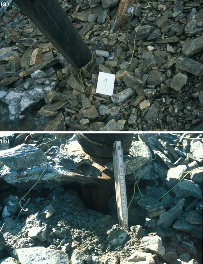 AVALANCHE DEFENCE STRATEGIES AND MONITORING OF TWO SITES 365 Figure 10. (a) A snow-bridge anchor (micropile) at Site 2 in 1997.