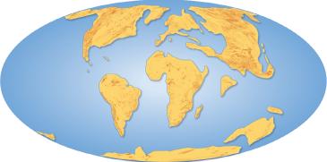 Breakup of Pangaea About 200 million years ago (during the Mesozoic Era), Pangaea began to break into two continents Laurasia and Gondwanaland. A large rift split the supercontinent from east to west.