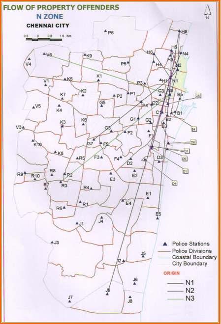 This zone has a flow of a large number of offenders moving to various directions particularly to south Chennai (Fig 1.9). 3.6.